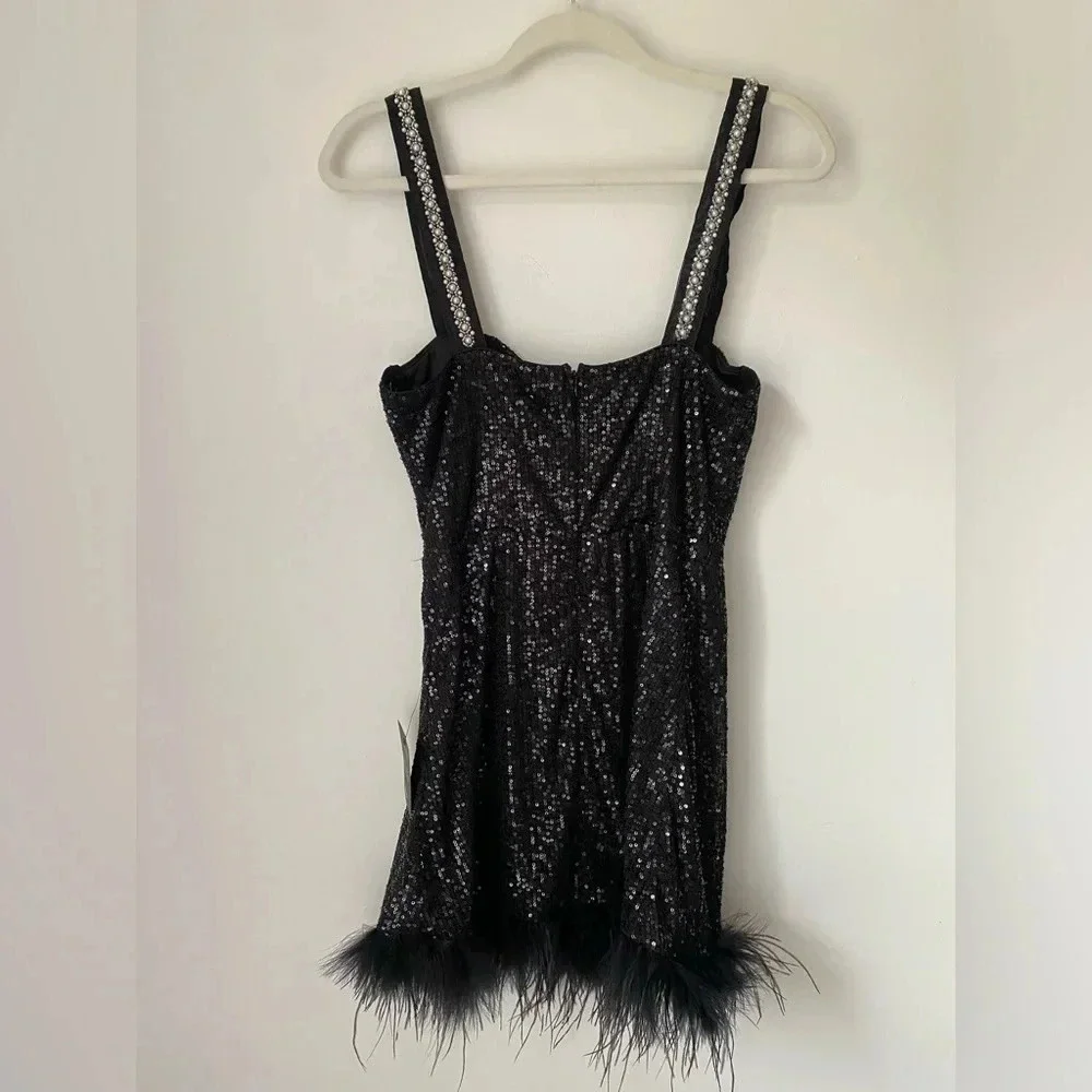 Lulu’s Dress Women’s Medium Glamorous Energy Black Sequin Pearl Bustier Mini NWT - Picture 5 of 11